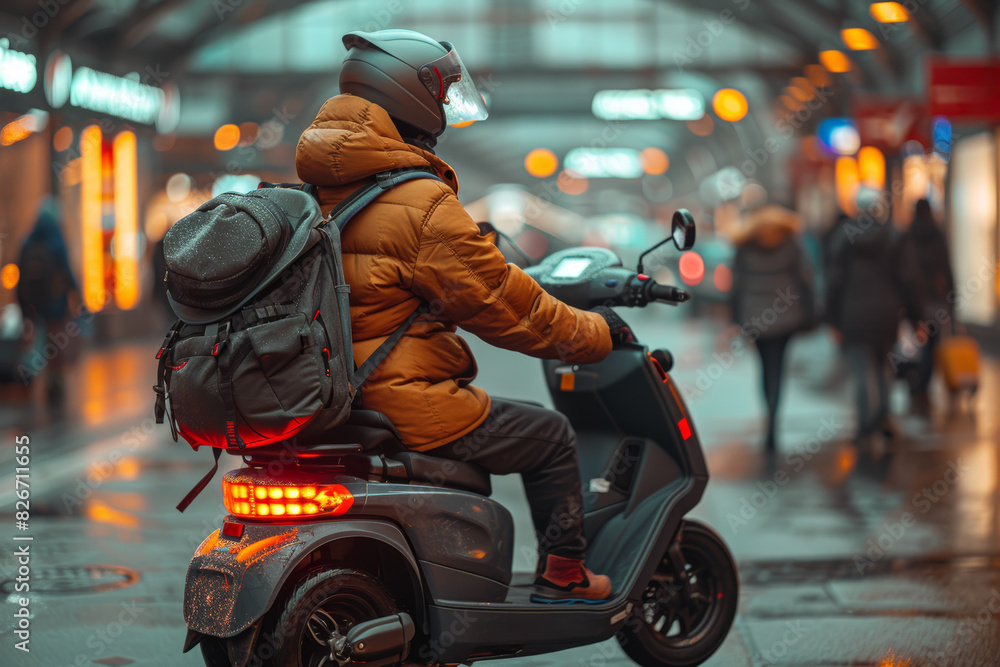 Poster a person using a mobility scooter to navigate through a busy airport terminal, highlighting accessib