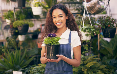 Woman, portrait and florist with flower plant in greenhouse for gardening, bouquet and nursery of...