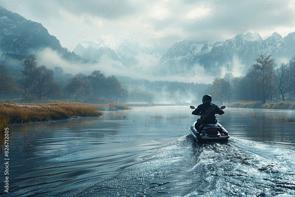 Sticker a person riding a personal watercraft along a winding river, enjoying recreational mobility on the w