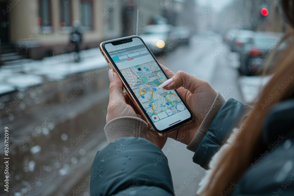 Poster a person using a mobility app to hail a ride from a rideshare service, accessing convenient and on-d