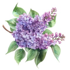 Ultra realistic watercolor style illustration of lush lilacs, high detailed, close up, isolated on...