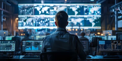 Workers oversee industrial processes from a central control room. Concept Industrial Control Room Operations, Process Monitoring, Supervision of Workers, Manufacturing Efficiency, Machinery Control