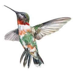 Fototapeta premium Ultra realistic watercolor style illustration of hummingbird, high detailed, close up, isolated on white