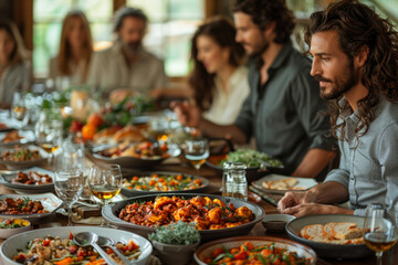 Fototapeta premium A family dinner table adorned with home-cooked dishes and lively conversation, where loved ones gather to share meals and stories. Concept of familial bonds and shared meals. Generative Ai.