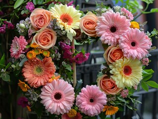 A bouquet of flowers in a heart shape, with pink, yellow, and orange flowers. The arrangement is colorful and cheerful, and it conveys a sense of love and warmth