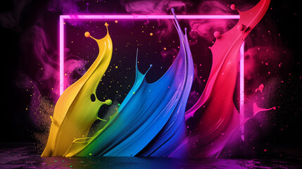 Colorful Paint Splashes with Neon Frame on Dark Background - Suitable for Creative Advertising, Digital Art, or Abstract Visual Projects