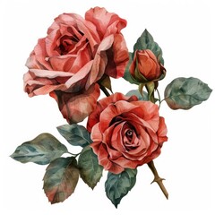 Ultra realistic watercolor style illustration of roses, high detailed, close up, isolated on white