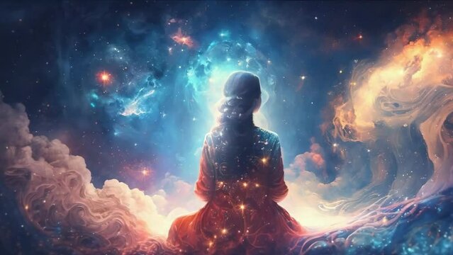 Godlike Meta Human woman goddess Radiating with Divine Energy: A Conceptual Journey into Meditation, Transcendence, and Spiritual Enlightenment - 4k new stock video footage animation AI