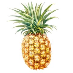 Ultra realistic watercolor style illustration of ripe juicy beautiful pineapple, high detailed, close up, isolated on white