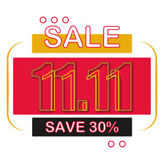 11.11 sale promotion november icon or vector red and yellow. 30% off 11.11 sale November
