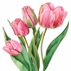 Fototapeta premium Ultra realistic watercolor style illustration of tulips, high detailed, close up, isolated on white