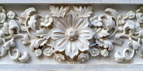 Detailed carving on white stucco wall creating intricate patterns Texture backdrop. Concept Carved Stucco Wall, Intricate Patterns, Texture Backdrop, Detailed Carving, White Background