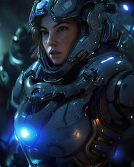 female space soldier wearing a mainly blue power suit, black joints, bright blue lights, visor open, 4:5