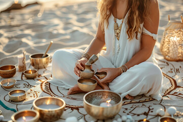 Meditation, Tibetan singing bowls and incense. Woman on the seashore relaxes meditating, mental...