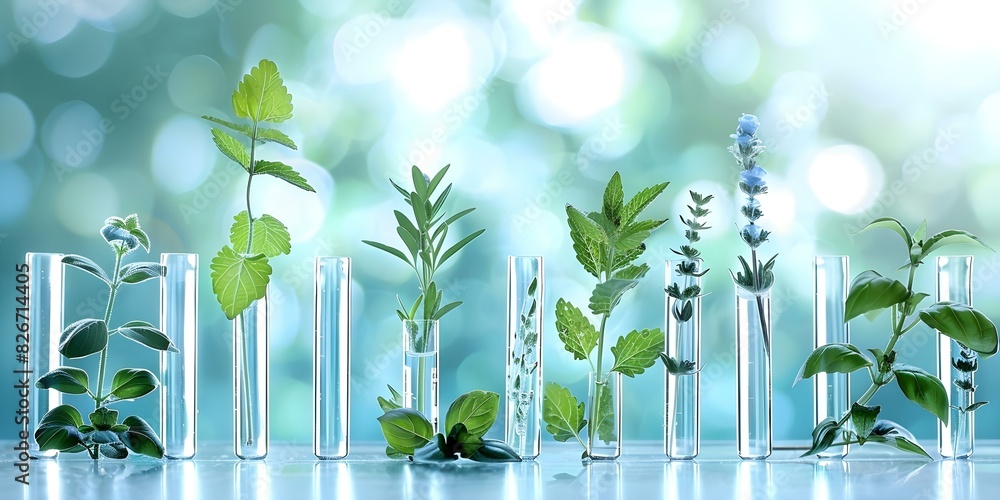 Poster botany experiment setup with assorted plant specimens in glass tubes. concept botany, experiment set