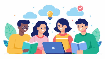 A group of friends study together using a shared AIbased study guide which adapts to each individuals learning style and provides personalized. Vector illustration