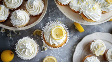 Close up of lemon cake and lemon muffins with frosting on the table captured from above in a horizontal view