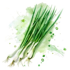 Ultra realistic watercolor style illustration of beautiful fresh tasty green onions, high detailed, close up, isolated on white