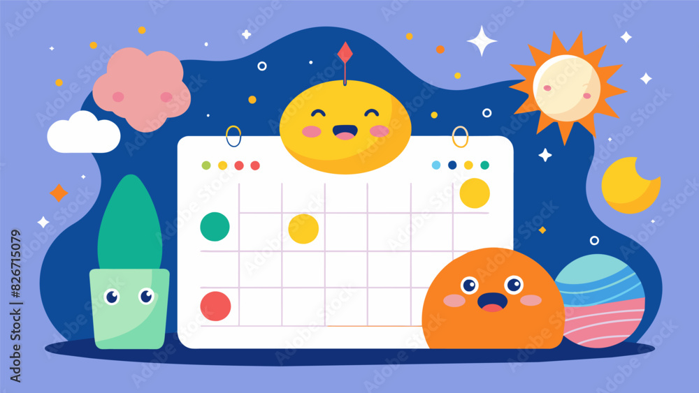 Poster an illustrated mood tracker for a month in a bullet journal with adorable characters representing di
