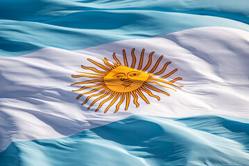 Full frame closeup photo of the Argentine flag, blue and white, with the yellow sun in the center, waving.