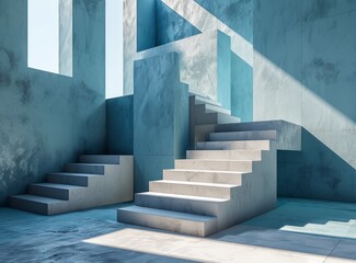 Abstract interior with stairs and sunlight.