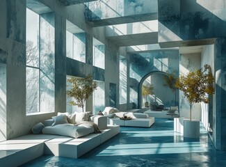 Abstract interior with stairs and sunlight.