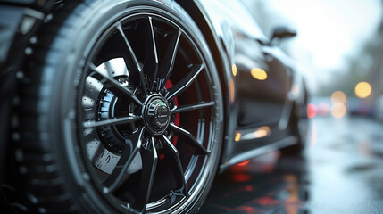 Close-up of sports car wheel on wet city street with modern black alloy rims transport