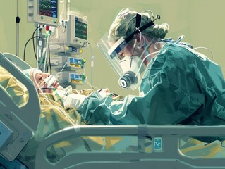 A woman in a hospital gown is tending to a patient on a bed. The patient is hooked up to an IV and a monitor. The woman is wearing a mask and gloves
