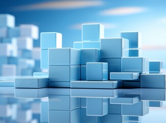 Blue cubes with reflection over blue sky background.