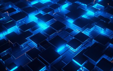 Glowing blue neon squares and lines on dark background. Abstract technology digital hi tech concept with cubes