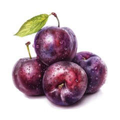 Obraz premium Ultra realistic watercolor style illustration of plums, high detailed, close up, isolated on white
