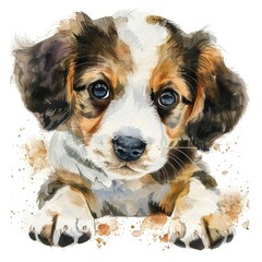 Fototapeta premium Ultra realistic watercolor style illustration of puppy, high detailed, close up, isolated on white