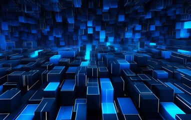 Fototapeta premium Glowing blue neon squares and lines on dark background. Abstract technology digital hi tech concept with cubes