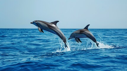Obraz premium Playful dolphins jumping in the blue ocean. Nature wildlife photography. Perfect for marine life themes and ocean-related projects. AI
