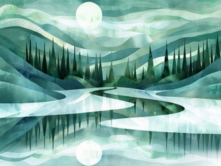 A painting of a forest with a river and a moon in the sky. The mood of the painting is serene and peaceful