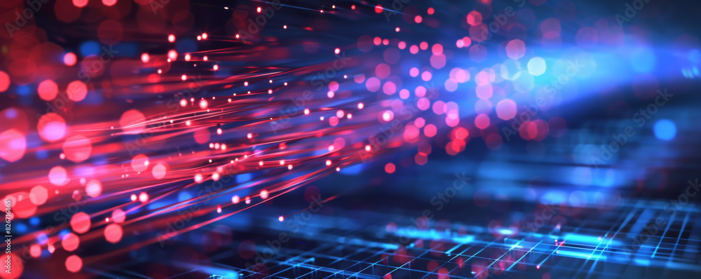 Poster abstract background with colorful light rays and laser beams, glowing lines in motion blur on dark b