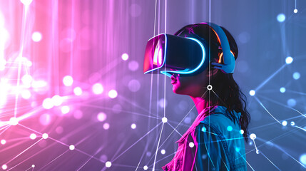 Woman using virtual reality glasses with an illustration of internet or global connection lines: concept of the future of technology