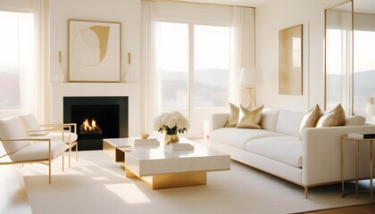 white and gold theme interior modern minimalism photo realism