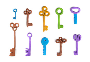 Handmade key set, plasticine keyword, modeling clay dough password symbol, creativity unlock sign