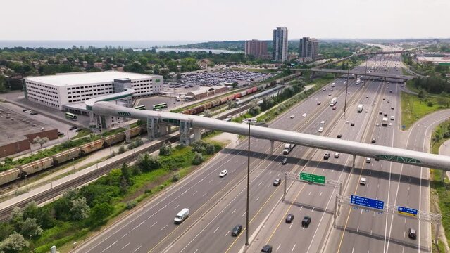 Aerial view of highway 401 and pedestrian crossing in Pickering Ontario Canada