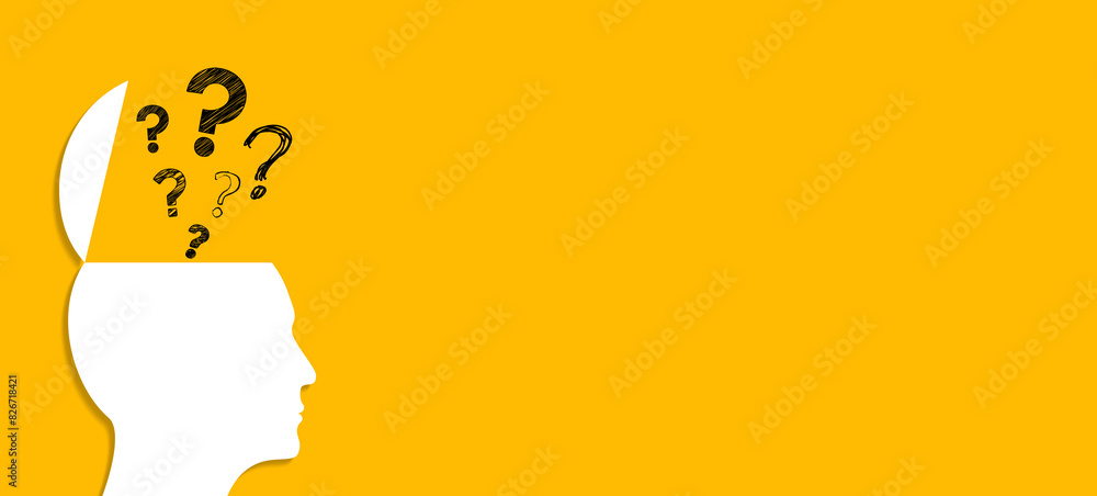 Poster human head with question mark on yellow background. mental health and problems with memory.