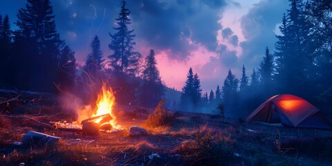 Cosy Forest Campsite with Glowing Campfire for Outdoor Adventurers. Concept Forest Camping, Campfire Photography, Cozy Outdoor Setup, Adventure Lifestyle, Nature Escape