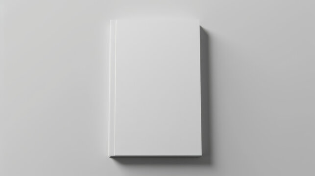 Top view of a closed book with a plain white cover on a soft gray background