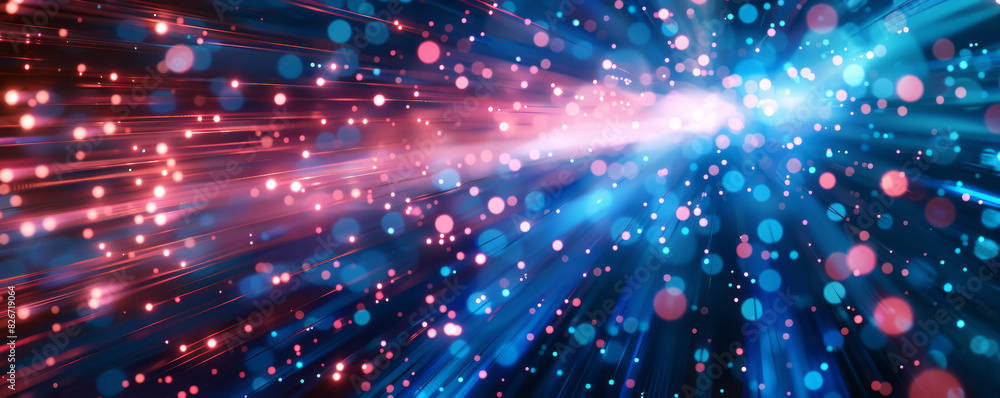 Poster abstract background with colorful light rays and laser beams, glowing lines in motion blur on dark b