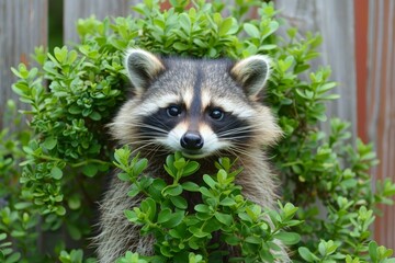Playful raccoon hides behind lush greenery, peeking out with curious eyes