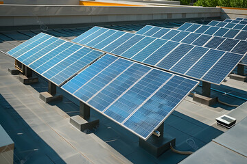Solar panels installed on the roof rooftop of a residential modern house. The panels are arranged in rows and efficiently utilize available sunlight.