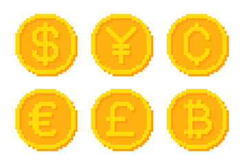 vektor kumpulan koin bergaya piksel. mata uang, dolar, euro, poundsterling, yen, sen, bitcoin © David