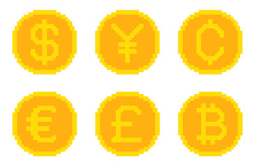 vektor kumpulan koin bergaya piksel. mata uang, dolar, euro, poundsterling, yen, sen, bitcoin © David