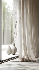Elegant Window with Soft, Flowing Curtains Allowing Gentle Natural Light into a Serene Interior