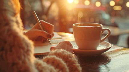 Cozy morning coffee and journaling. Woman enjoying a hot cup of coffee while journaling in a cafe with warm morning sunlight.